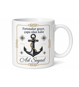 İsimli Çapa Desenli Baskılı Kupa Bardak Denizci Hediye Porselen Mug