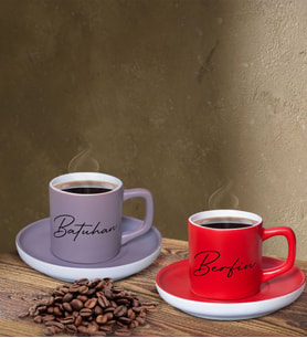 BK Gift Kişiye Özel İsimli Gri ve Kırmızı Renk İkili Türk Kahvesi Fincan Seti-105, Ev Hediyesi, Arkadaşa Hediye, Doğum Günü Hediyesi