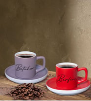 BK Gift Kişiye Özel İsimli Gri ve Kırmızı Renk İkili Türk Kahvesi Fincan Seti-105, Ev Hediyesi, Arkadaşa Hediye, Doğum Günü Hediyesi