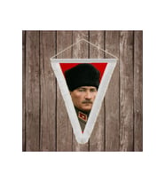 Askeri Üniformalı Atatür ve Türk Bayrağı Beyaz Saçaklı Üçgen Flama Bayrak Hatıra Flama ATA80