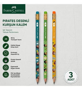 Faber-Castell Pirates Desenli Kurşun Kalem 3 Adet 2B Yuvarlak Gövde