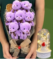 Büyük Boy 7'li Tasarım Peluş Ayıcık Buketi ve Led Işıklı Beyaz Melekli Fanus (Model 3)