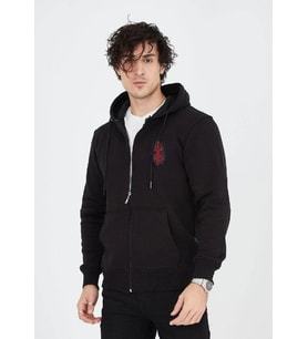 Erkek 3 İplik Pamuklu Kapüşonlu Tam Fermuarlı Cepli Hoodie Sweatshirt - Siyah