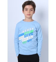 ERKEK ÇOCUK UZUN KOLLU TSHİRT NEVER GİVE UP BASKILI BİSİKLET YAKA D10 (Açık Mavi)