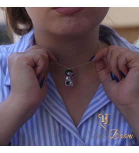 Kedi Kolye, Balık Yemeyi Hayal Eden Kedi Gümüş Kolye, Siyah Taşlı