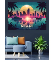 Miami Şehir Manzarası Neon Dekoratif Kanvas - Mdf Ahşap Tablo