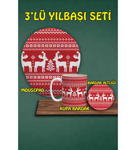 Yılbaşı Temalı 3'lü Mousepad Kupa ve Bardak Altlığı Seti