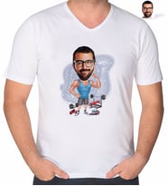 BK Gift Kişiye Özel Sporcu Karikatürlü V Yaka Tişört-1 (Beyaz)