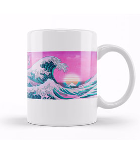 Vaporwave Great Wave Off Kanagawa Aesthetic Sunset Kupa Bardak Porselen