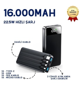 16.000mAh Dijital Göstergeli Dahili Çoklu Kablolu Taşınabilir 22.5W Hızlı Şarjlı Powerbank 6 Cihazı Aynı Anda Şarj Edebilir Type-C Hızlı Şarj