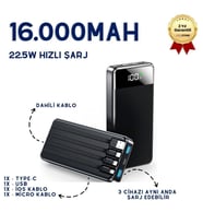 16.000mAh Dijital Göstergeli Dahili Çoklu Kablolu Taşınabilir 22.5W Hızlı Şarjlı Powerbank 6 Cihazı Aynı Anda Şarj Edebilir Type-C Hızlı Şarj