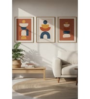 Boho Geometrik Soyut Şekiller 3 Parçalı Ahşap Çerçeveli Tablo Seti