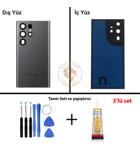 Samsung S22 Ultra Grafit Arka Pil Kapağı Batarya Kapağı Lazer Kesim + Yapıştırıcı ve Vida Seti