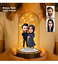 Kişiye Özel Çift Karikatür Fanus  Sevgili ve Evlilere Özel Işıklı Biblo