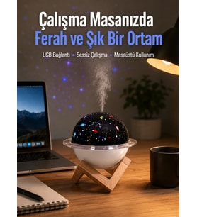 Projektör ışıklı ve aromaterapi destekli taşınabilir nemlendirici cihaz USB bağlantılı