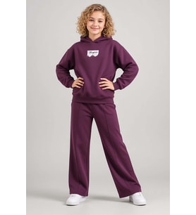 Kız Çocuk Üzeri Dantel Bonjour Yazı Detaylı Kapüşonlu Sweatshirt Bol Kesim Mürdü