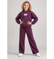 Kız Çocuk Üzeri Dantel Bonjour Yazı Detaylı Kapüşonlu Sweatshirt Bol Kesim Mürdü