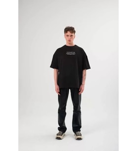 Unisex Bisiklet Yaka Baskılı Oversize T-Shirt - Siyah