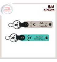 Eşine Özel Üç Hilal Temalı Armağan – Yıldönümüne Anlamlı Kişisel Anahtarlık Seti, Pudra-Turkuaz