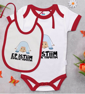 BK Kids Ep İstiim Zıpırlık Tasarımlı Kırmızı Bebek Body Zıbın ve Mama Önlüğü Hediye Seti-1