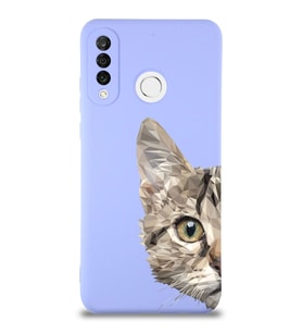 Huawei P 30 Lite Uyumlu Lansman Kılıf Catface Tasarımlı İçi Kadife Lila Kapak (Şeffaf)