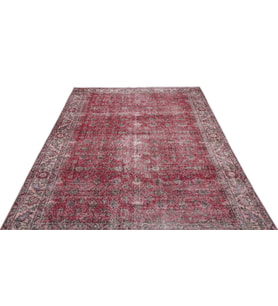 Kırmızı Halı Vintage Stil Çiçek Motifli El Dokuma Yün Salon Halısı Füme Detaylı Eskitme Tasarım