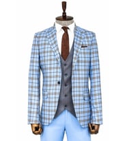 Gri Yelekli Slim Fit Ekose Açık Mavi Erkek Takım Elbise - Wessi