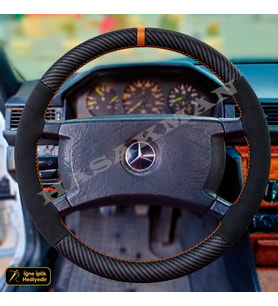 Mercedes E W124-S124-C124 Dikme Direksiyon Kılıfı Alcantara Süet Mat Karbon Kırmızı Yüzük ve Dikiş 4 Kollu-Geniş Dikdörtgen-Tuşsuz 1984-1993