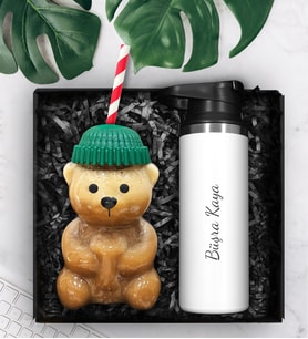 Bearista Şapkalı Pipetli Ayıcık Cam Bardak & Kişiye Özel Çelik Termos