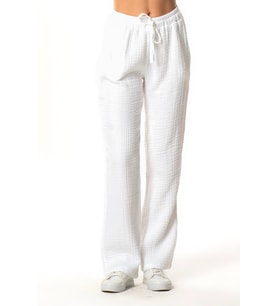 Beli Lastikli Multi Çift Cepli Müslin Kadın/Erkek Unisex Yazlık Pantolon Beyaz Byz