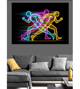 Renkli Neon Işıklı Koşan Sporcular Dekoratif Kanvas - Mdf Ahşap Tablo