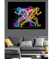 Renkli Neon Işıklı Koşan Sporcular Dekoratif Kanvas - Mdf Ahşap Tablo