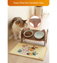 Ahşap Özel Isim Baskılı, Kedi Mama Seramik Su Kabı Standı Hediye Kedi Halısı (Mavi)