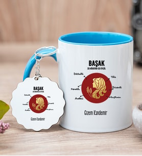 Kişiye Özel Başak Burcuna Hediye Mavi Kupa Bardak ve Anahtarlık