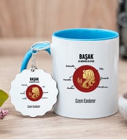 Kişiye Özel Başak Burcuna Hediye Mavi Kupa Bardak ve Anahtarlık