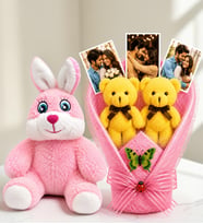 Kişiye Özel 3 Fotoğraflı Sarı Peluş Ayıcık Buketi ve Pembe Peluş Tavşan Kadına Hediye Sevgiliye Hediye