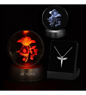 Kişiye Özel 3D I Love You Tasarım Güllü Işıklı Kristal Cam Küre Ve Kolye Seti (Mavi)