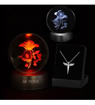 Kişiye Özel 3D I Love You Tasarım Güllü Işıklı Kristal Cam Küre Ve Kolye Seti (Mavi)