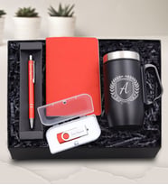Kişiye Özel 280 ML Kulplu Çelik Termos & Gümüş Renk Detaylı Kırmızı Tükenmez Kalem & Kırmızı Dikişli Mini Not Defteri & 32 GB Kırmızı Usb Hediye Seti