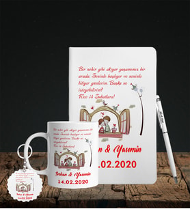 Sevgililer Gününe Özel Defter Kalem Kupa & Süblimasyon Anahtarlık Hediye Seti 10