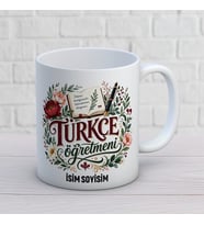 Kişiye Özel Türkçe Öğretmeni Baskılı Kupa, Çiçekli Kitap ve Kalem Tasarımlı Öğretmenler Günü Hediyesi