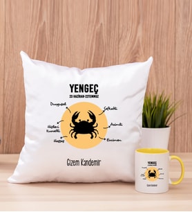 Kişiye Özel Yengeç Burcuna Hediye Kare Yastık ve Sarı Kupa