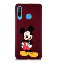 Huawei P30 Lite Soft Premier Kapak Mickey Mouse-E Tasarımlı Silikon Kılıf - Mürdüm (Şeffaf)