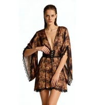 Lioran Desenli Dantel Detaylı Kısa Saten Sabahlık / Kimono