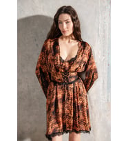 Lioran Desenli Dantel Detaylı Kısa Saten Sabahlık / Kimono