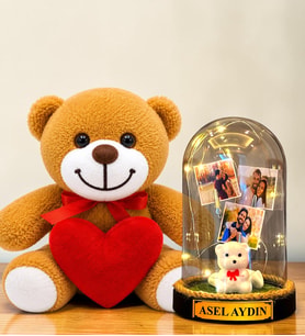 Kişiye Özel 3 Fotoğraflı Yazılı LED Işıklı Fanus ve Kırmızı Kalpli Peluş Ayıcık (beyaz ayıcıklı)