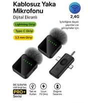 Lightining Type-C 3.5mm Uyumlu Dijital Ekranlı 2.4G Kablosuz Çift Yaka Mikrofonu Pro++