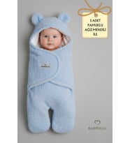 0-12 Ay Welsoft Peluş Bebek Dış Kundak ,Uyku Tulumu ,Ayıcık Kulaklı İçi %100 Pamuk Astarlı Battaniye (Mavi)