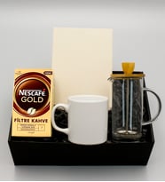 Kanvas Krem Defter & Beyaz Kupa & Bambu French Press & Nescafe Gold