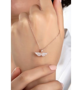 Kadın Orjinal 925 Ayar Gümüş Zirkon Taşlı Melek Kanatlı Model Kolye (Rose)